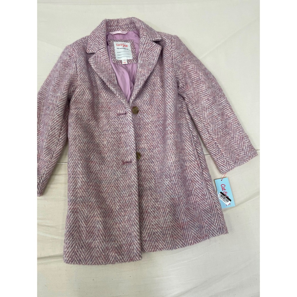 Cat & Jack Girls Pink Herringbone Pea Coat Overcoat Size S 6-6X New With Tags